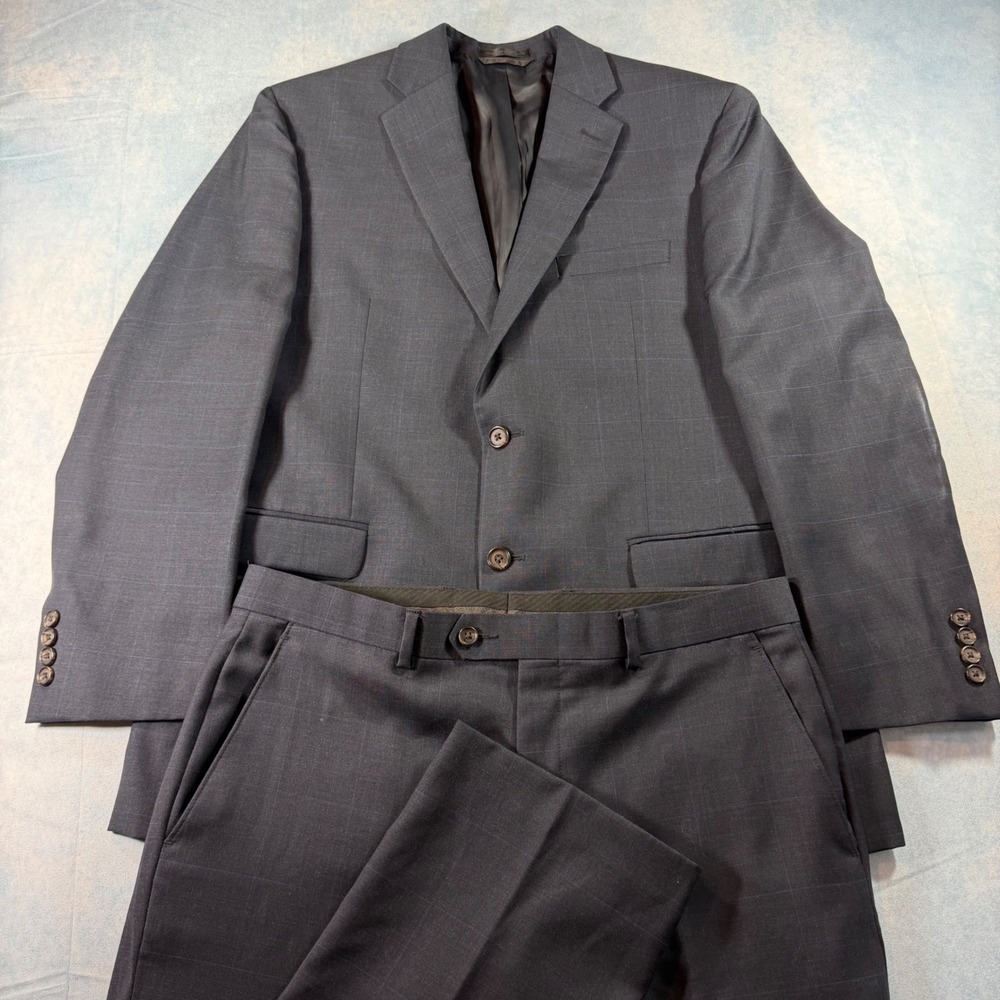 Lauren Ralph Lauren 2 Piece Suit Mens 40R 34x30 Grey Windowpane Plaid Wool